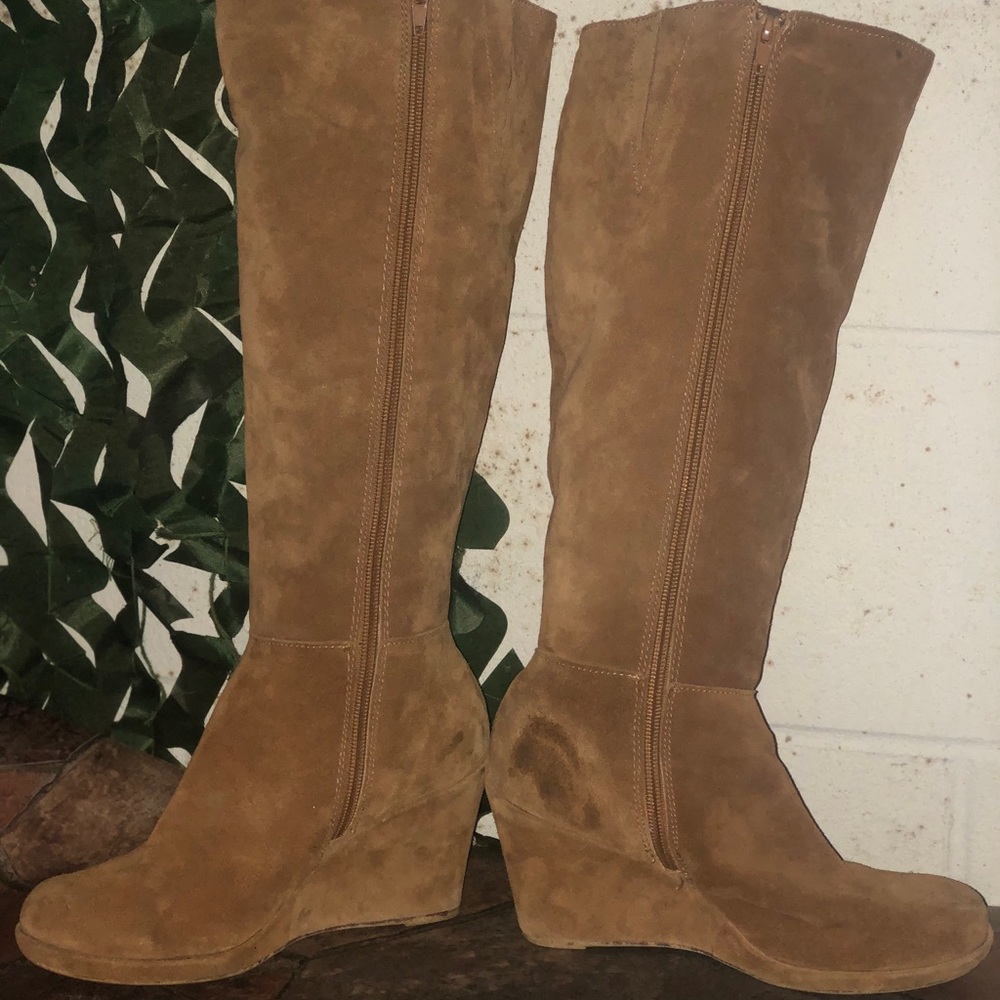 Brown Suede Knee-High Wedge Boots